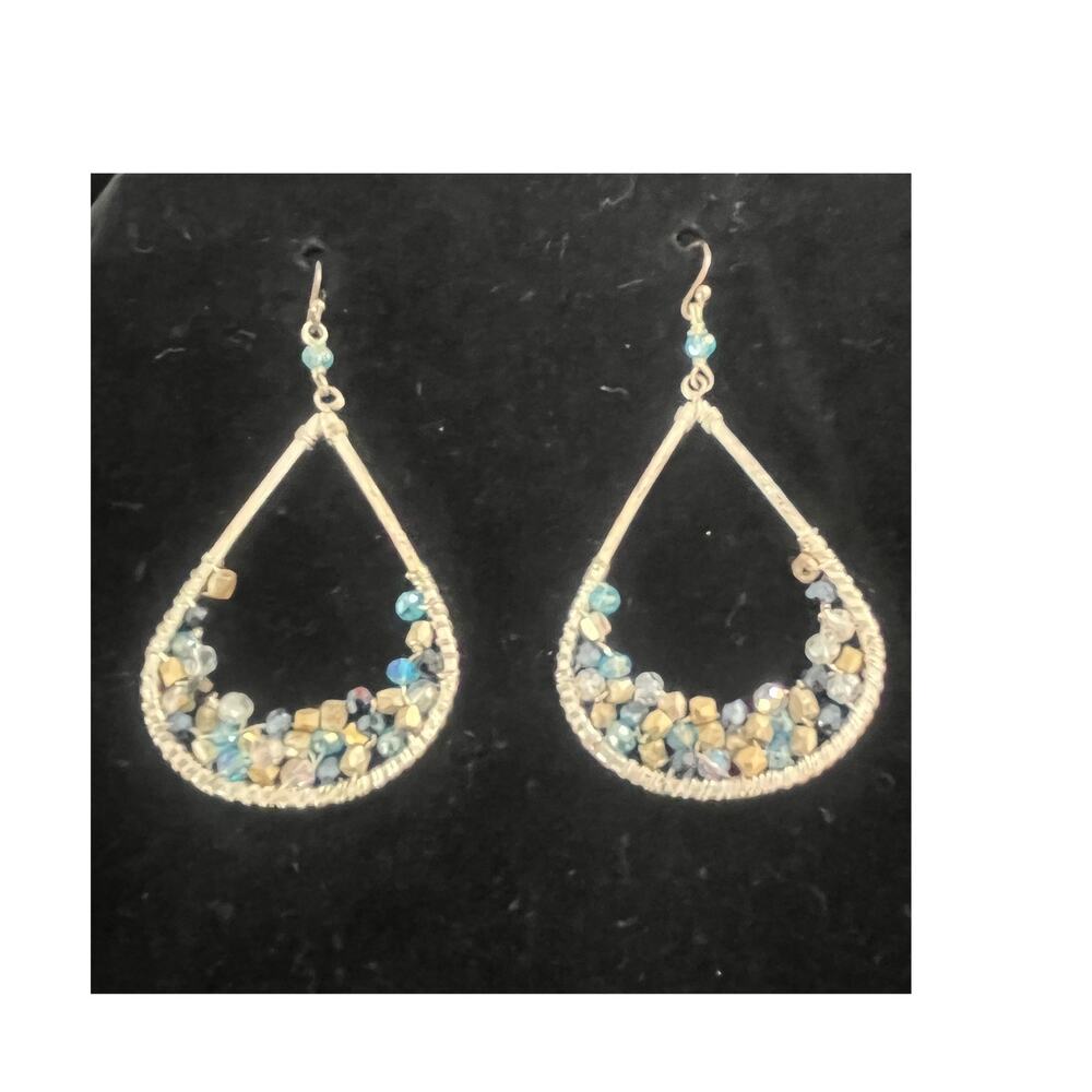 Vintage Dark & Light Blue, Gold Beaded Large Open Silver Teardrop Hoop Earrings